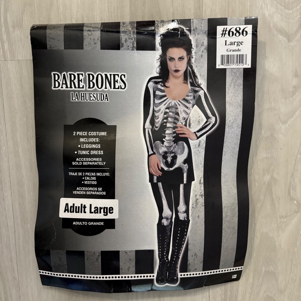 Bare Bones Costume La Huesuda Adult Womens Leggings Tunic Dress Halloween Size L